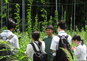 ホップ畑の説明をする石牧氏（中央）