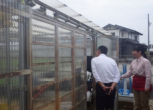 佐藤さん（右）が自ら整備したハウスを見学する野中地方参事官（左）（令和6年9月3日撮影）