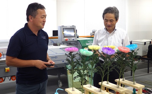 カラーリングマム染色体験の様子（左：林正彦副代表、右：森局長（令和6年6月6日撮影））
