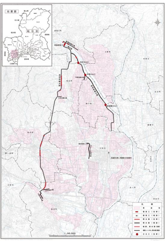 受益市町村と受益面積のイメージ図
